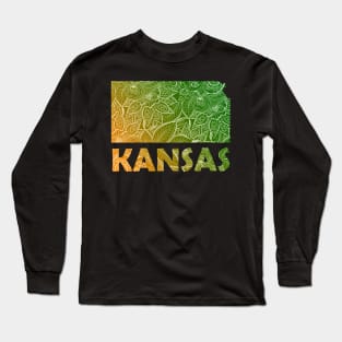 Colorful mandala art map of Kansas with text in green and orange Long Sleeve T-Shirt